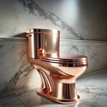 Glanzende gouden toiletpot als symbool voor de overdaad en chaos van Trumps handelsoorlog 2.0 met China.