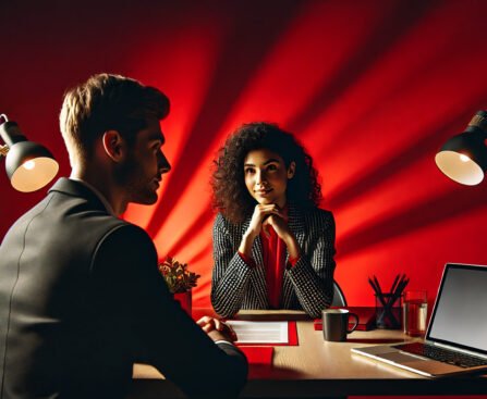 Een zakelijk gesprek tussen een man en een vrouw in een rood verlichte omgeving, symbool voor onderhandelingen over sociale zekerheid en WIA-hervormingen.