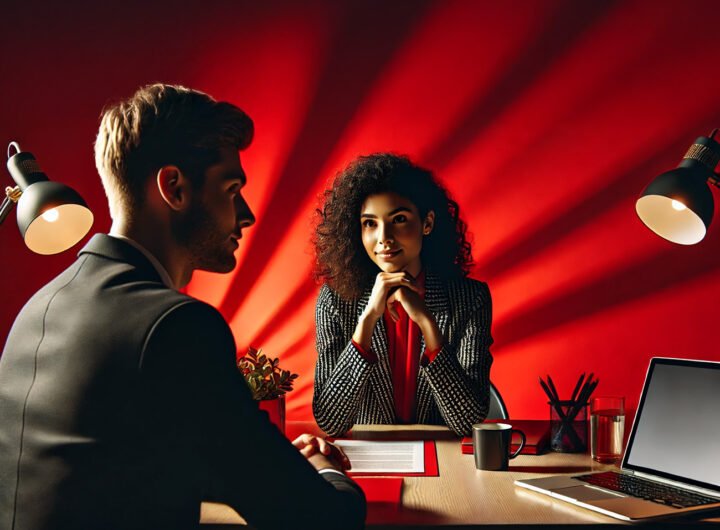 Een zakelijk gesprek tussen een man en een vrouw in een rood verlichte omgeving, symbool voor onderhandelingen over sociale zekerheid en WIA-hervormingen.