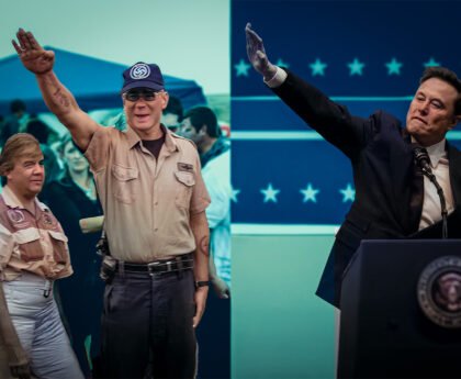 Lid van de racistische Zuid-Afrikaanse AWB maakt het ‘My heart goes out to you’ gebaar naar alle zwarte Zuid-Afrikanen in 2010 en Elon Musk brengt een Hitlergroet na de inauguratie speech van Trump op 20 januari 2025.