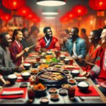 Mensen uit diverse culturen genieten samen van een Chinees diner met traditionele rode lantaarns op de achtergrond, symbool voor China’s groeiende invloed in de wereld.