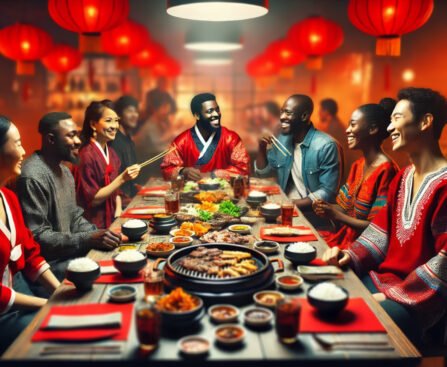 Mensen uit diverse culturen genieten samen van een Chinees diner met traditionele rode lantaarns op de achtergrond, symbool voor China’s groeiende invloed in de wereld.