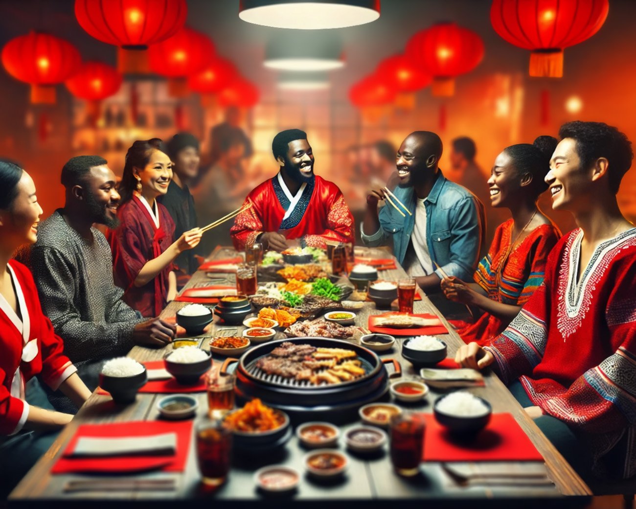 Mensen uit diverse culturen genieten samen van een Chinees diner met traditionele rode lantaarns op de achtergrond, symbool voor China’s groeiende invloed in de wereld.