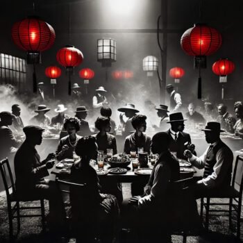 Mensen uit diverse culturen genieten samen van een Chinees diner met traditionele rode lantaarns op de achtergrond, symbool voor China’s groeiende invloed in de wereld.