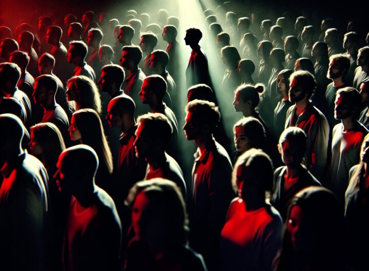 Een donkere menigte mensen die dicht op elkaar staan, verlicht door sterke contrasten in rood, zwart en wit, wat groepsdruk en sociale druk symboliseert.