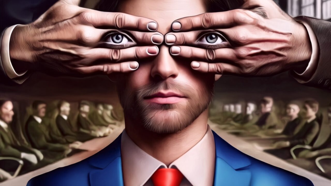 Symbolische afbeelding van politieke controle, waarin een man in een blauw pak met een rode stropdas de ogen bedekt krijgt door handen met open ogen erop. Achter hem een vergadering van zakelijke figuren.