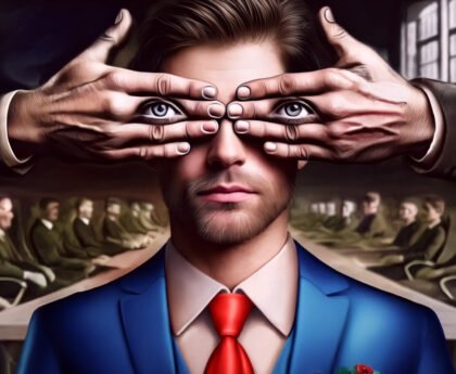 Symbolische afbeelding van politieke controle, waarin een man in een blauw pak met een rode stropdas de ogen bedekt krijgt door handen met open ogen erop. Achter hem een vergadering van zakelijke figuren.