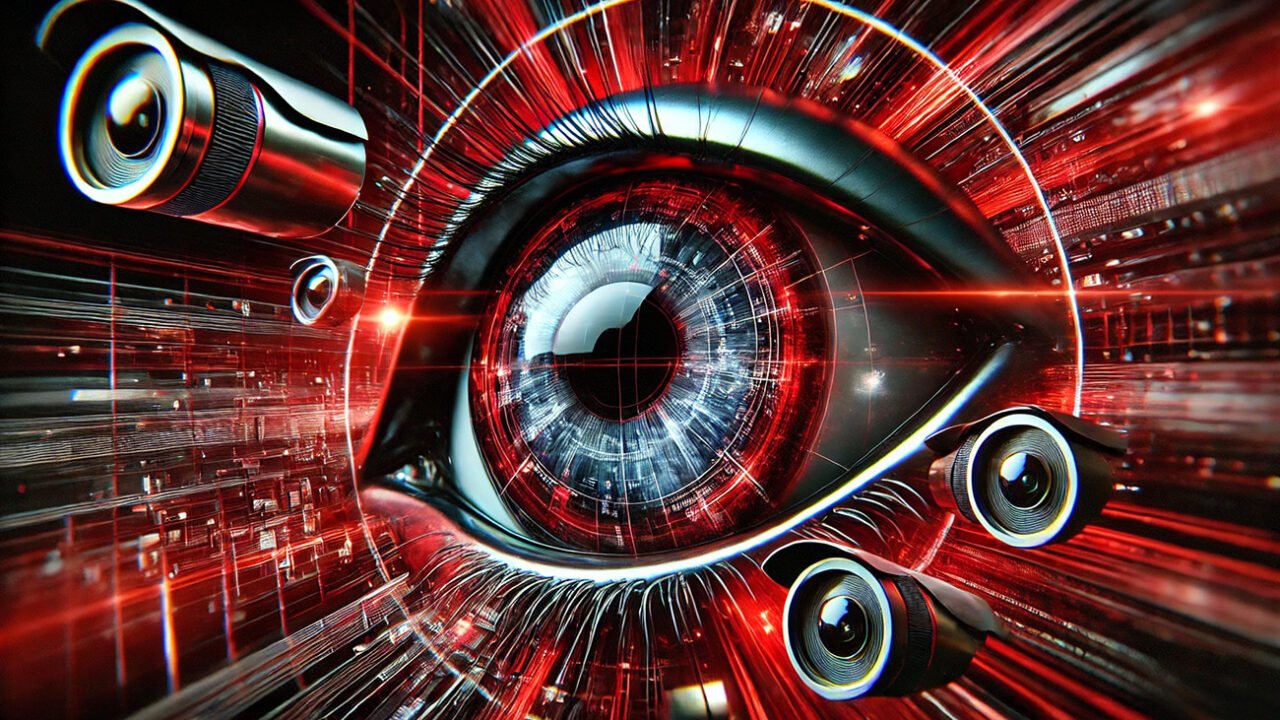 Futuristisch digitaal oog omringd door bewakingscamera’s, symboliserend massasurveillance en datacontrole.