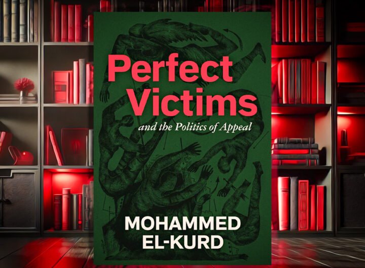 Boekcover van Perfect Victims: And the Politics of Appeal van Mohammed El-Kurd, met rode en groene kleuren in een boekenplankomgeving.