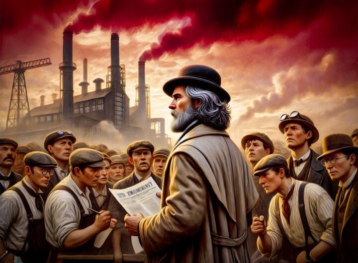 Een man met baard en bolhoed leest een revolutionair manifest voor aan een groep arbeiders voor een industriële achtergrond met rokende schoorstenen.