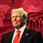 Donald Trump voor een achtergrond van cryptomunten, het Capitool en dalende financiële grafieken. Symbool voor zijn betrokkenheid bij crypto-fraude en ontmanteling van consumentenbescherming.