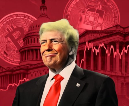 Donald Trump voor een achtergrond van cryptomunten, het Capitool en dalende financiële grafieken. Symbool voor zijn betrokkenheid bij crypto-fraude en ontmanteling van consumentenbescherming.