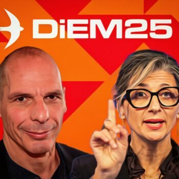 Yanis Varoufakis en Francesca Albanese in gesprek over Palestina en mensenrechten tijdens een DiEM25-evenement.