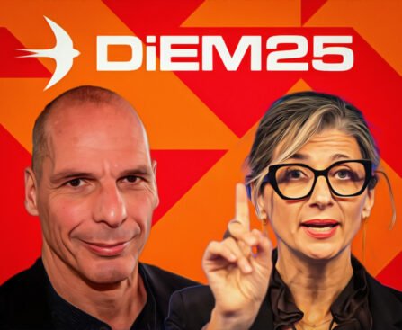 Yanis Varoufakis en Francesca Albanese in gesprek over Palestina en mensenrechten tijdens een DiEM25-evenement.