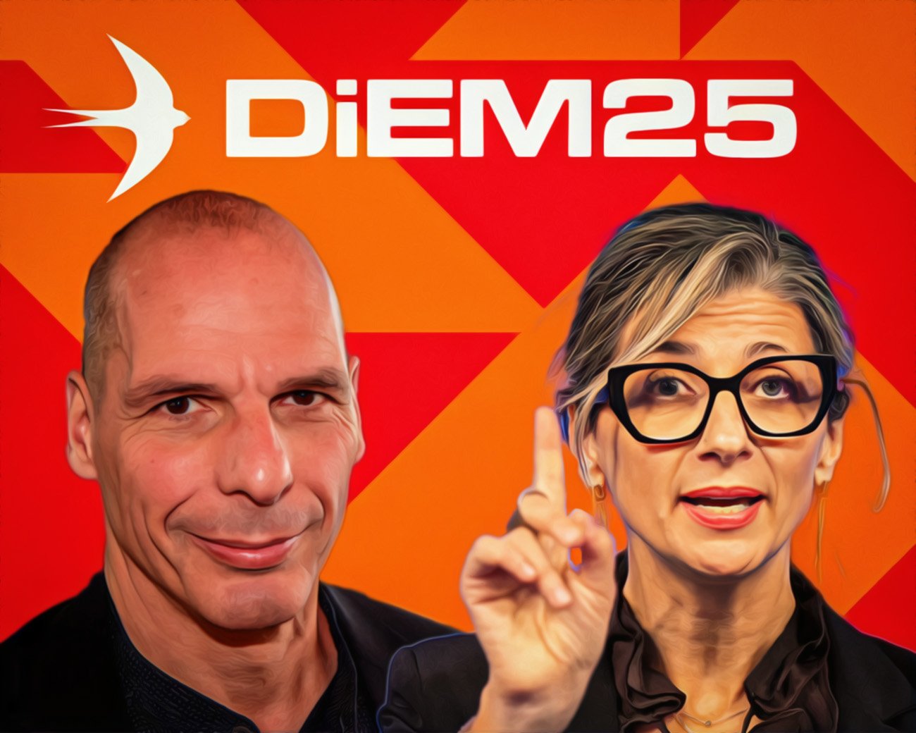 Yanis Varoufakis en Francesca Albanese in gesprek over Palestina en mensenrechten tijdens een DiEM25-evenement.