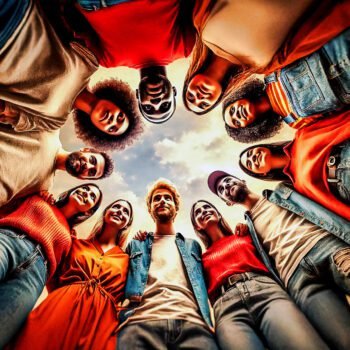 Een diverse groep mensen die elkaar met warmte en zorg omarmen, gezien vanuit een laag perspectief, met een hoopvolle lucht erboven.