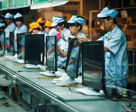 Chinese fabrieksarbeiders in blauwe uniformen werken aan een productielijn waar computerschermen worden geassembleerd.