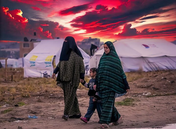 Twee Palestijnse vrouwen in traditionele kleding lopen met een kind door een vluchtelingenkamp bij zonsondergang, met dramatische rode luchten op de achtergrond.