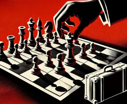 Illustratie van een hand die een koning verplaatst op een schaakbord, als metafoor voor geopolitieke macht en proxy-oorlogen
