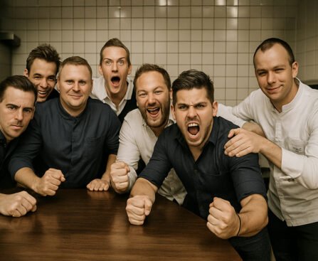 Team van jonge mannen toont enthousiasme en vastberadenheid in een werkruimte.