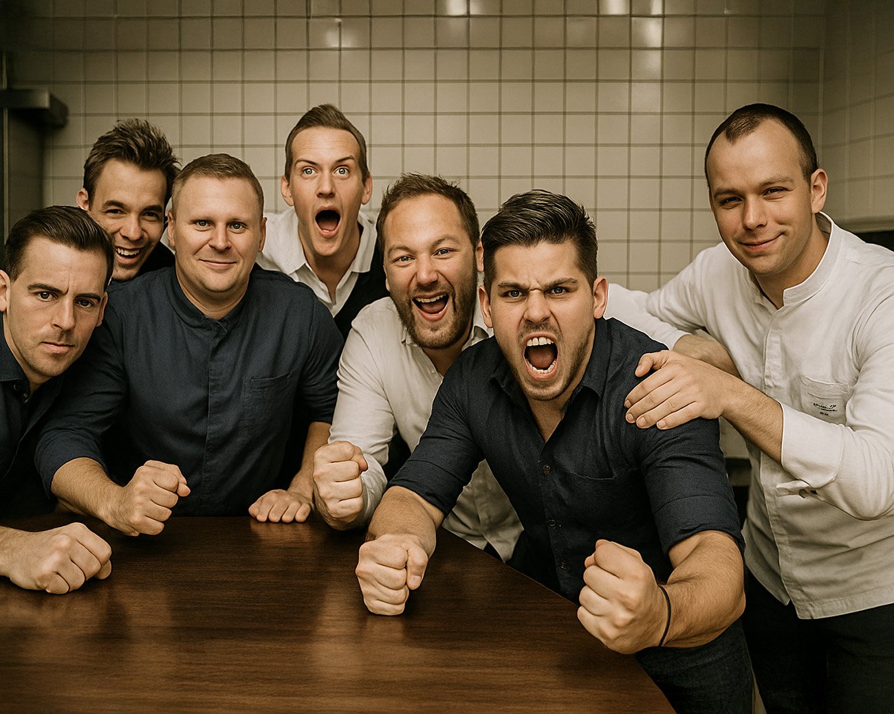 Team van jonge mannen toont enthousiasme en vastberadenheid in een werkruimte.
