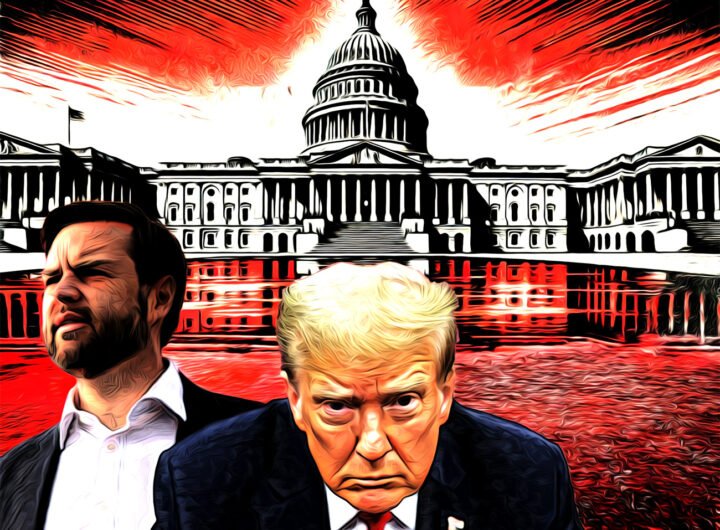 Donald Trump voor het Capitool met dreigende blik, symboliserend autoritaire machtsovername in de VS.