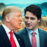 Donald Trump en Justin Trudeau in gesprek met een gespannen blik, tegen een surrealistisch berglandschap.