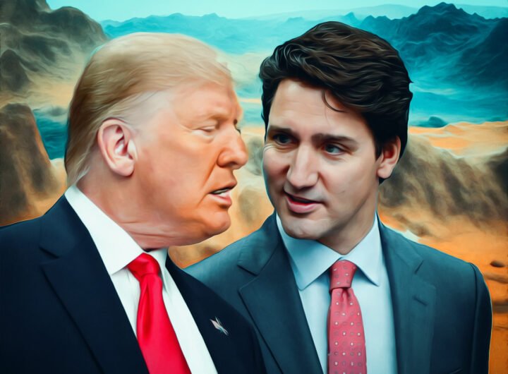 Donald Trump en Justin Trudeau in gesprek met een gespannen blik, tegen een surrealistisch berglandschap.