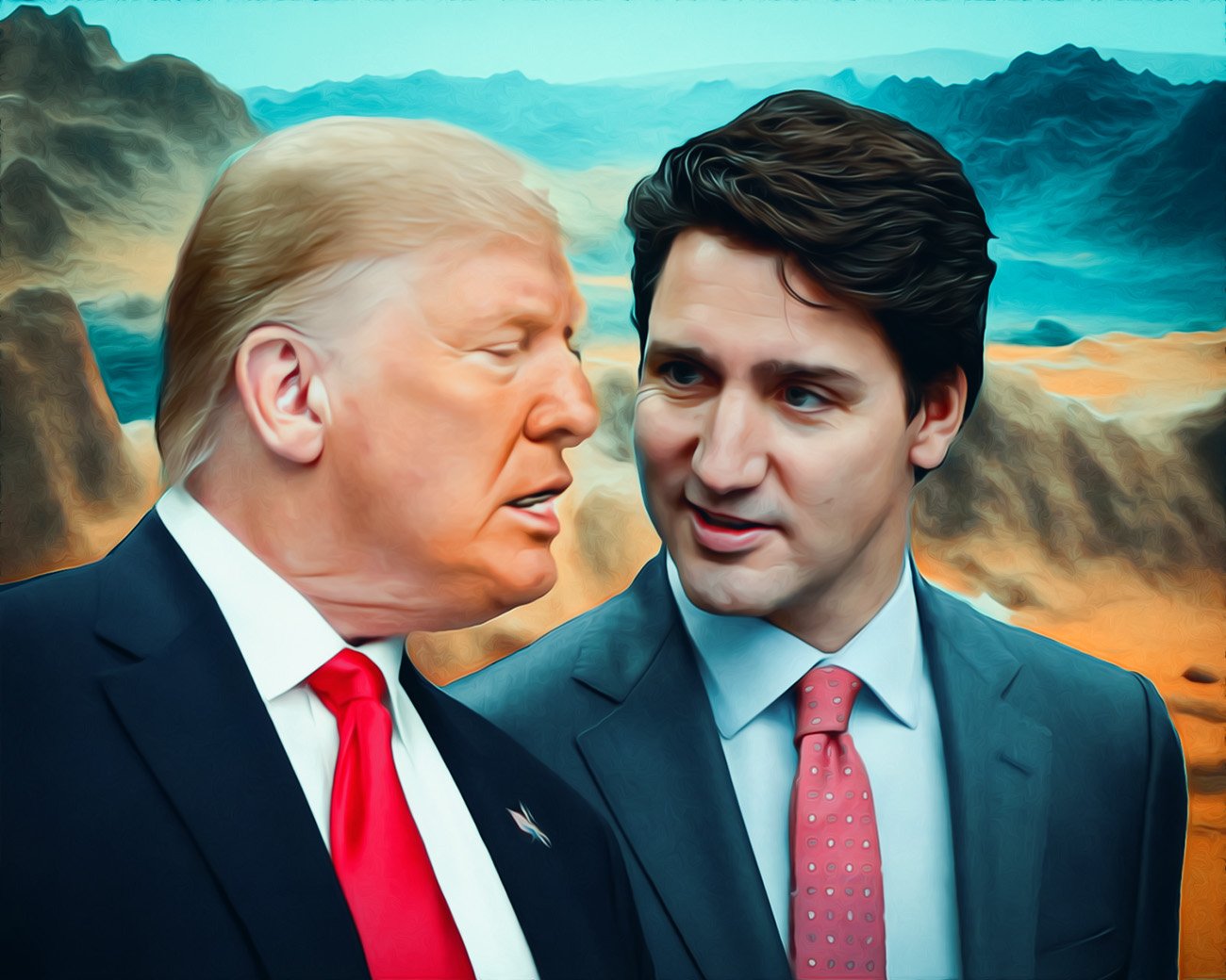 Donald Trump en Justin Trudeau in gesprek met een gespannen blik, tegen een surrealistisch berglandschap.