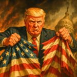 Trump scheurt met woede de Amerikaanse vlag doormidden voor brandend Capitool, symbool voor de afbraak van de democratie.