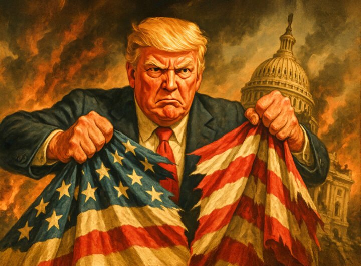 Trump scheurt met woede de Amerikaanse vlag doormidden voor brandend Capitool, symbool voor de afbraak van de democratie.