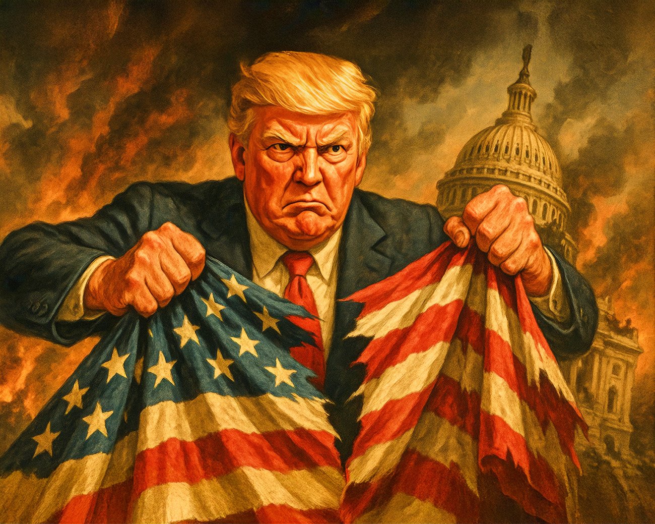 Trump scheurt met woede de Amerikaanse vlag doormidden voor brandend Capitool, symbool voor de afbraak van de democratie.