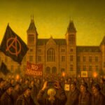 Anarchistische demonstratie voor het Rijksmuseum in Amsterdam met vlaggen, fakkels en spandoeken tegen autoriteit, geïnspireerd door Ravachol