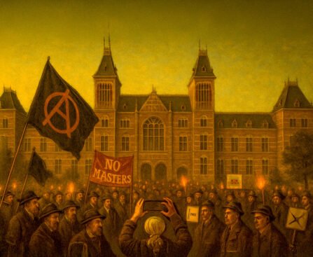 Anarchistische demonstratie voor het Rijksmuseum in Amsterdam met vlaggen, fakkels en spandoeken tegen autoriteit, geïnspireerd door Ravachol
