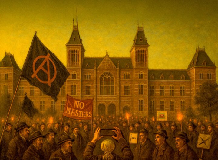 Anarchistische demonstratie voor het Rijksmuseum in Amsterdam met vlaggen, fakkels en spandoeken tegen autoriteit, geïnspireerd door Ravachol
