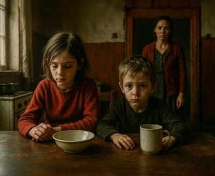 Twee jonge kinderen zitten stil aan een tafel met lege kommen in een vervallen woning, met een bezorgde moeder op de achtergrond.
