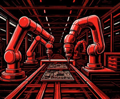 Industriële robots werken autonoom in een volledig geautomatiseerde Chinese fabriek.