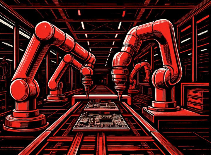 Industriële robots werken autonoom in een volledig geautomatiseerde Chinese fabriek.