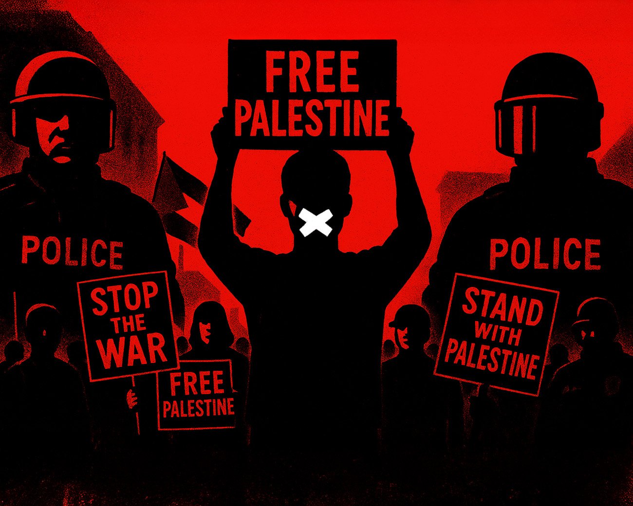 Silhouet van activist met ‘Free Palestine’-bord en afgeplakte mond, omsingeld door politieagenten tijdens pro-Palestina-protest, met teksten als ‘Stop the War’ en ‘Stand with Palestine’