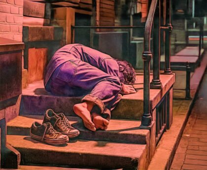 Dakloze persoon ligt op stenen trap in een stadsomgeving, met vuile schoenen ernaast, symbool voor uitsluiting en armoede