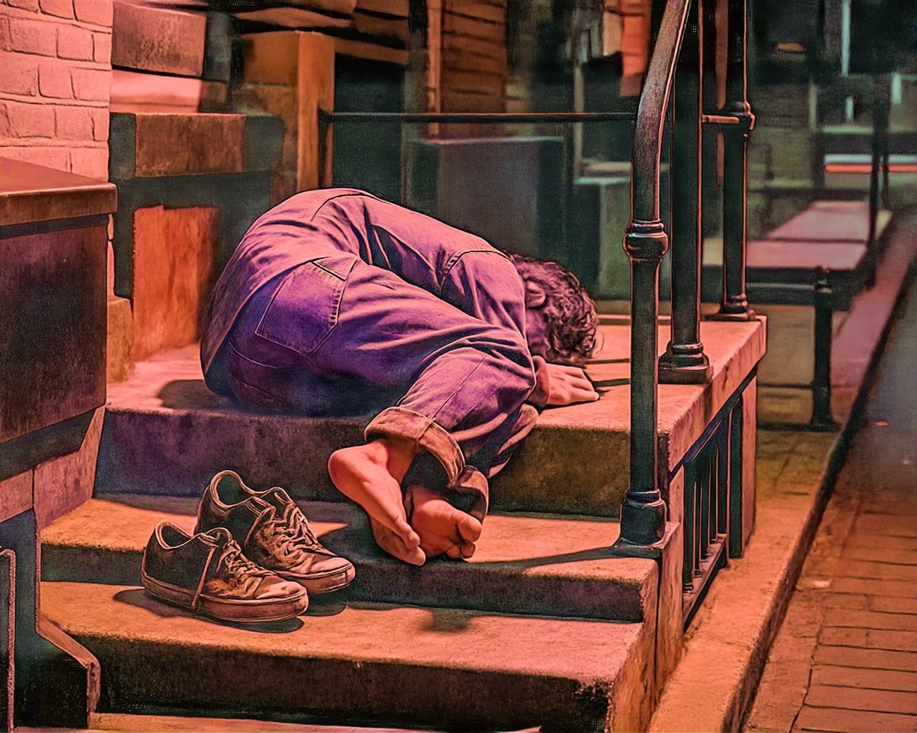 Dakloze persoon ligt op stenen trap in een stadsomgeving, met vuile schoenen ernaast, symbool voor uitsluiting en armoede