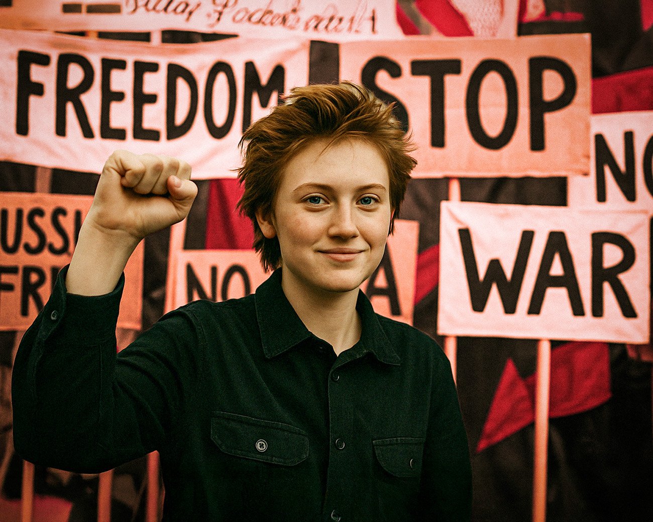 Daria Kozyreva heft haar vuist tijdens een vreedzaam protest tegen oorlog en voor vrijheid, omringd door borden met teksten als 'Stop War' en 'Freedom'.