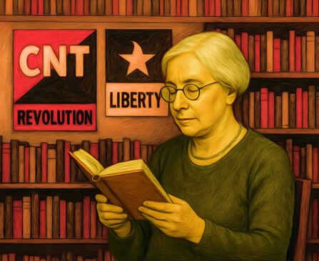 Etta Federn lezend in bibliotheek met posters over revolutie en vrijheid op de achtergrond