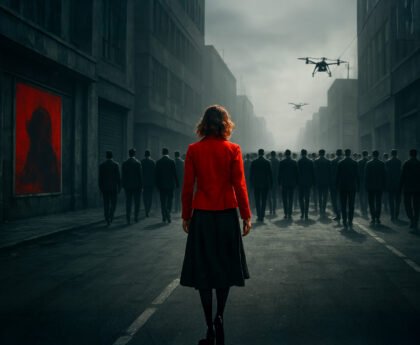 Een vrouw in een rode jas loopt tegen een menigte in op een grijze straat, bewaakt door drones, symbool voor verzet tegen autoritaire macht