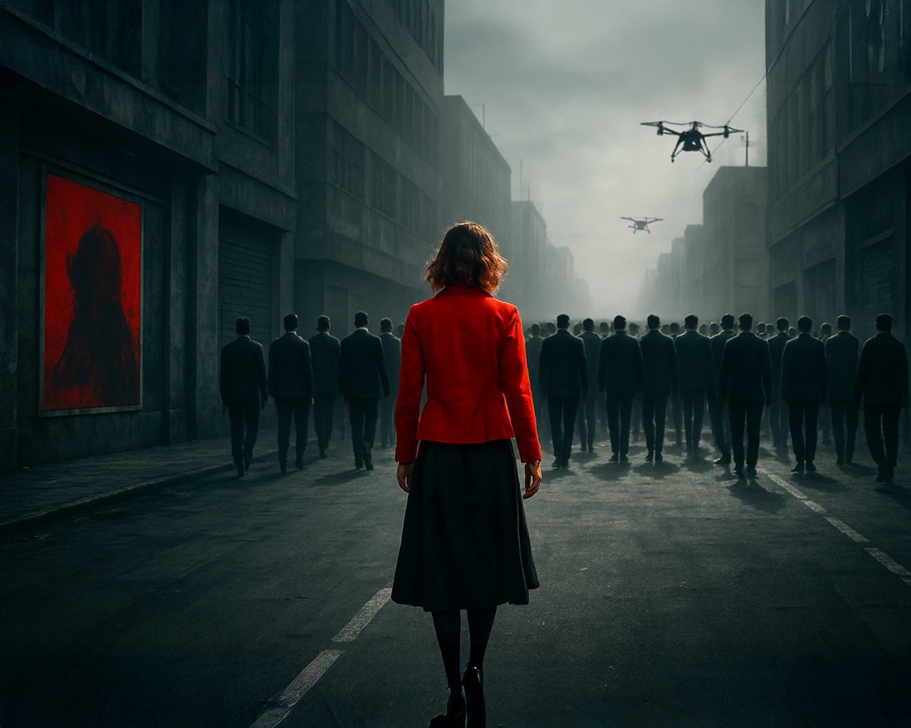 Een vrouw in een rode jas loopt tegen een menigte in op een grijze straat, bewaakt door drones, symbool voor verzet tegen autoritaire macht