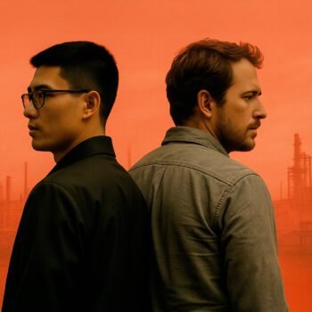 Moderne Chinese en Amerikaanse man staan rug aan rug voor een industriële achtergrond, symbool voor de economische spanning tussen China en de Verenigde Staten.