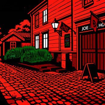Illustratie van Joe Hill House, een anarchistische opvang voor daklozen, met symbolen van solidariteit en een bordje met ‘Always Open’