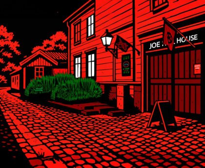 Illustratie van Joe Hill House, een anarchistische opvang voor daklozen, met symbolen van solidariteit en een bordje met ‘Always Open’
