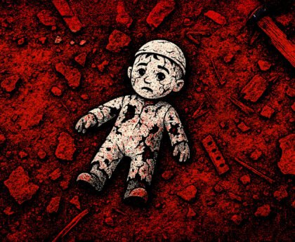 Illustratie van een pop tussen puin in Gaza, symbool voor het geweld en de vernietiging door Israël