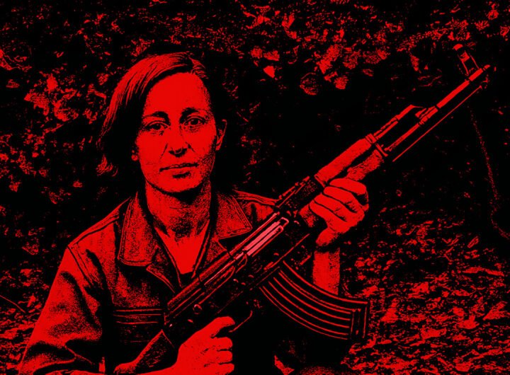 Portret van Koerdische strijdster Şehîd Sara met een geweer, symbool voor vrouwenverzet en revolutionaire organisatie